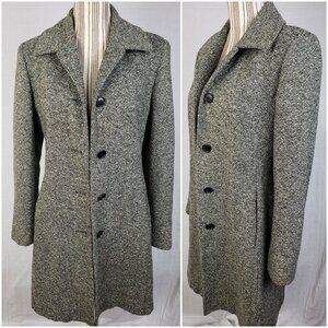 Vintage JNY 100% Pure Wool Tweed Overcoat Classic Jacket Trench Coat Gray Preppy